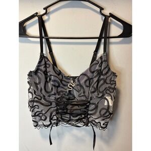 Romwe Black White Mesh Bustier Crop Top Snake Charm Lace Up Corset Medium